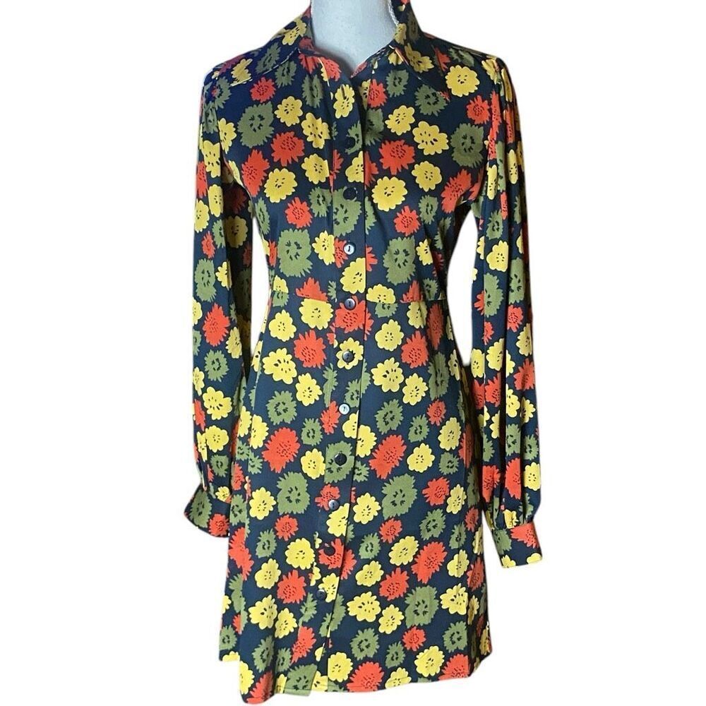 Wild Pony Womens Black Long Sleeve Mid Century Floral Shirt Dress Small NWT